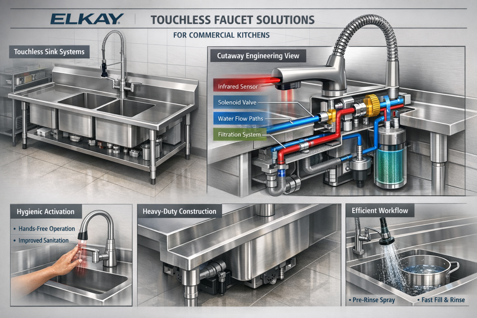 Elkay touchless faucets in commercial kitchens and foodservice sinks